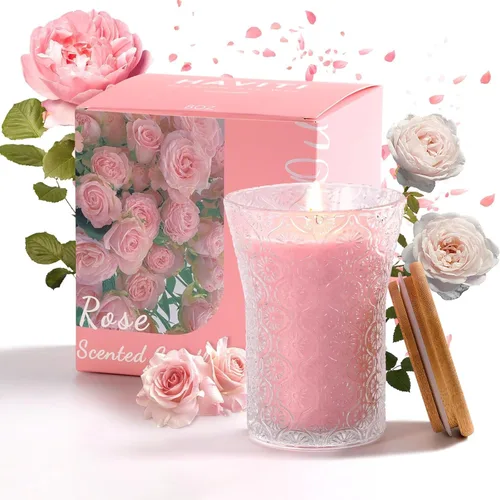 HAVITI Vela perfumada de rosa, velas en tarro de soja, regalo para mujeres, velas rosas de aromaterapia de 8 onzas para San Valentín, día de la