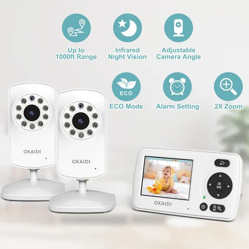 Miniatura 2 de OKAIDI Monitor de video para bebés con 2 cámaras, pantalla de viaje portátil de 2.4 pulgadas, transmisión de largo alcance de 1000 pies, monitor