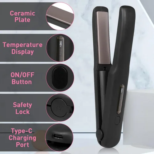 Miniatura 9 de Gosect Plancha de pelo inalámbrica, plancha plana de viaje recargable para mujeres, mini alisador y rizador de pelo portátil 2 en 1, calentamiento