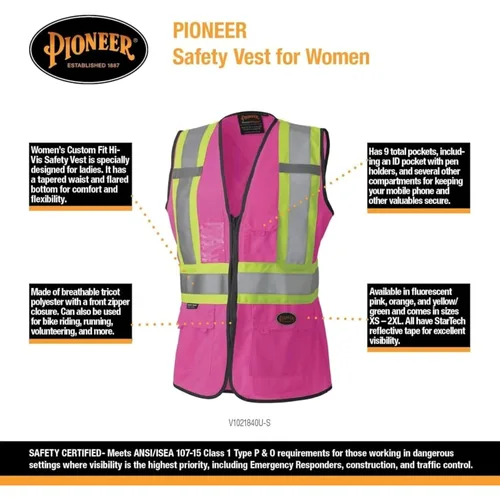 Miniatura 9 de Pioneer Chaleco de seguridad para mujer con bolsillos - Cinta reflectante de alta visibilidad - Para la construcción - Rosa