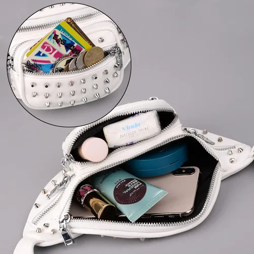 Miniatura 9 de UTO Fanny-Pack-for-Women's - Riñonera vegana de cuero con remaches tachuelas, ligera, con cremallera, bolsillo al hombro, 0879 Negro