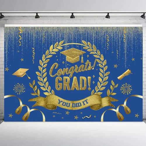 Miniatura 9 de Telón de fondo de graduación de 5 x 3 pies para sesión de fotos, globos negros y dorados, felicitaciones, graduados, clase de 2025, felicitaciones