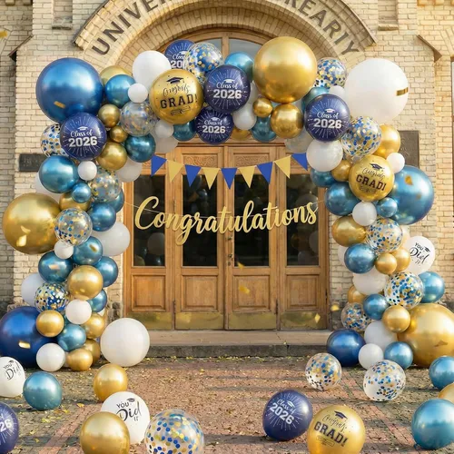 Miniatura 7 de Globos de graduación azules y dorados, 60 globos impresos con texto en inglés "Felicitaciones", 12 pulgadas, azul marino, blanco, azul, metálico