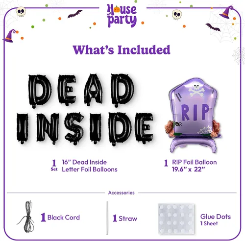 Miniatura 2 de HOUSE OF PARTY Globos de aluminio de Halloween de 22 pulgadas – Globos de letras «DEAD INSIDE» para decoraciones de cementerio – Globo de aluminio