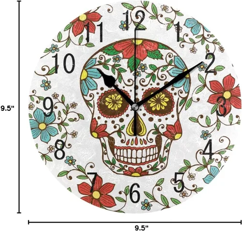 Miniatura 8 de ALAZA Decoración para el hogar, diseño floral de calavera de azúcar, día de los muertos, redondo, acrílico, 9.5 pulgadas, reloj de pared silencioso