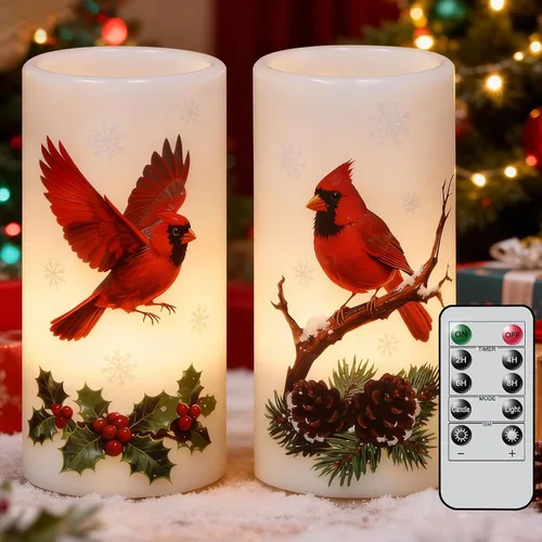 Velas sin llama de cardenal de Navidad en pilar con control remoto y temporizador, velas LED en portavelas de cera real, vela operada por batería