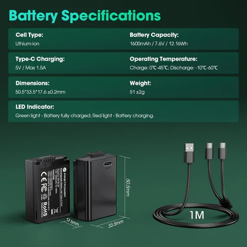 Miniatura 7 de FirstPower Batería EN-EL25 EN-EL25a, paquete de 2 unidades de 1600 mAh con carga rápida USB-C, compatible con Nikon ZFC, Z30, Z50 cámara y cargador