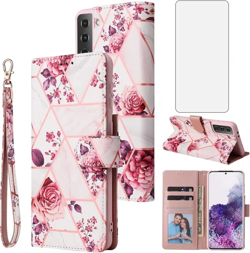 Asuwish Funda tipo cartera compatible con Samsung Galaxy S22 5G y protector de pantalla de vidrio templado, tarjetero de cuero, soporte para Oro rosa