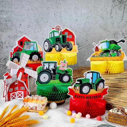 Miniatura 4 de 9 piezas de centro de mesa de nido de abeja de tractor, decoración de fiesta de cumpleaños con temática de tractor verde de granja, decoración