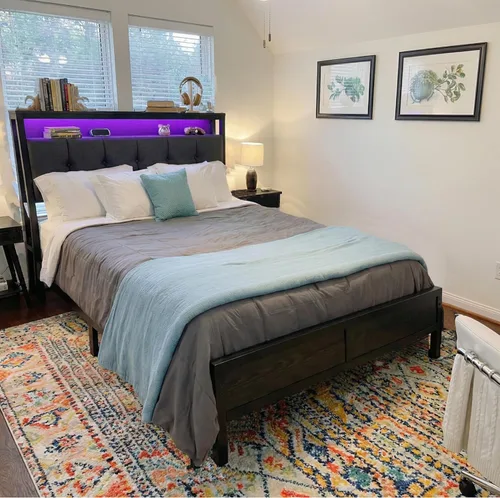 Miniatura 3 de Homkdom Base de cama de tamaño matrimonial con estación de carga, marco de cama tamaño matrimonial con luces LED con cabecera de almacenamiento Negro