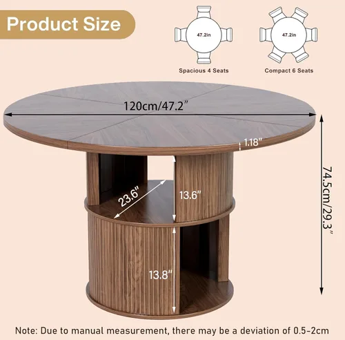 Miniatura 2 de Mesa de comedor redonda de 47 pulgadas para 4, mesa de comedor de cocina de granja con estante de almacenamiento de 2 capas y panel estriado