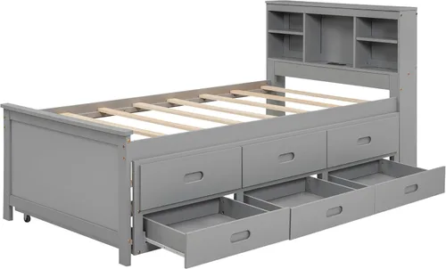 Miniatura 6 de Cama de plataforma de tamaño individual con cabecera de almacenamiento, cama nido individual y estación de carga, cama capitanes de madera de pino