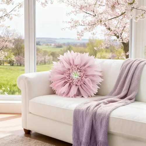 Miniatura 2 de Almohada decorativa de flores 3D hecha a mano con margaritas rosas, bonito cojín redondo de terciopelo para cama, sofá, silla de automóvil, Rosa