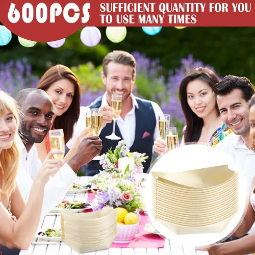Miniatura 5 de Hoolerry 600 platos de bambú desechables de madera de bambú, cuencos y cubiertos de bambú para sushi, bandeja de servir para fiestas, catering, uso