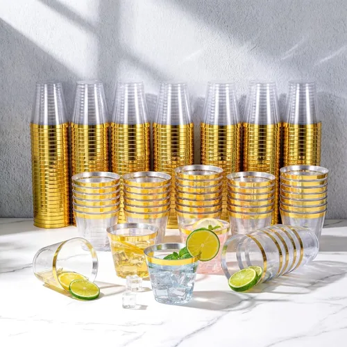 Miniatura 7 de WELLIFE 200 piezas de vasos de plástico dorados, vasos de plástico transparentes de 9 onzas, vasos de vino desechables, vasos de cóctel de plástico