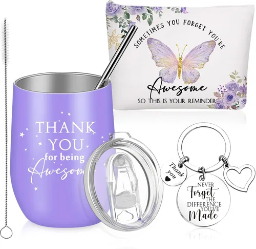 Sieral Regalo de agradecimiento para mujeres, vaso de acero inoxidable de 12 onzas, llavero de agradecimiento y bolsa de maquillaje de lona, regalos