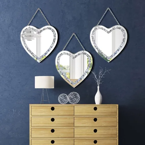Miniatura 6 de DMDFIRST Espejo de plata con forma de corazón de diamante de cristal con cadena de acero inoxidable plateado para decoración de pared, 12 x 12 x 0.5