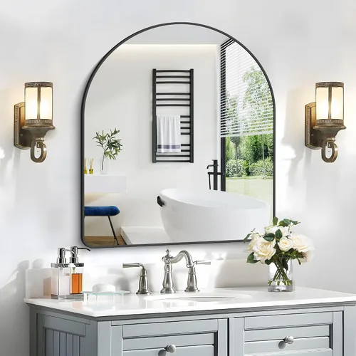 Miniatura 35 de FORBATH Espejo de baño arqueado de 16 x 24 pulgadas, espejo de baño negro montado en la pared, moderno marco de aleación de aluminio, espejo de arco