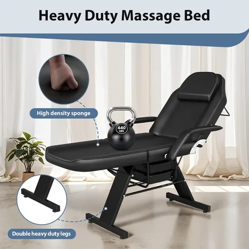 Miniatura 3 de Bigbiglife Cama de tatuaje de salón de masaje con cesta de belleza, cama de masaje profesional de 3 pliegues de altura ajustable para spa salón
