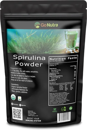 Go Nutra Spirulina en polvo orgánico | Superalimentos puros sin OMG para antioxidantes, minerales, ácidos grasos, fibra y proteínas, apto para