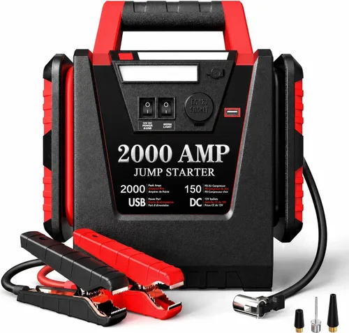 Arrancador con compresor de aire, arrancador de batería de coche de 2000A, inflador de neumáticos de 260 PSI, amplificador de batería de plomo-ácido