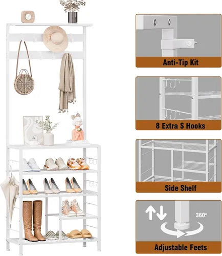 Miniatura 7 de GiftGo Estante de madera moderno de 5 niveles con 9 ganchos de metal movibles, organizador de almacenamiento para el hogar, oficina, dormitorio