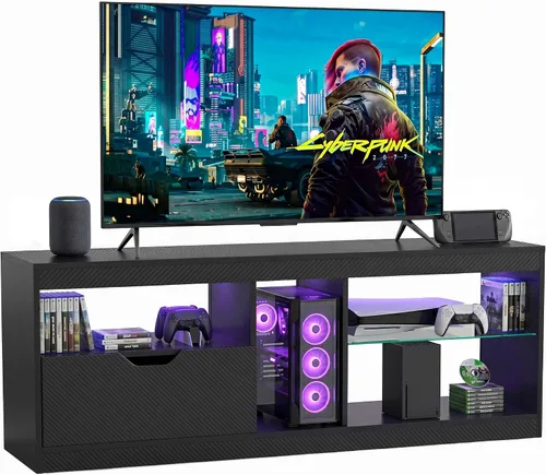 Miniatura 7 de JUMMICO Soporte de TV, centro de entretenimiento LED, soporte de TV para juegos para TV de más de 65 pulgadas, parte superior de fibra de carbono