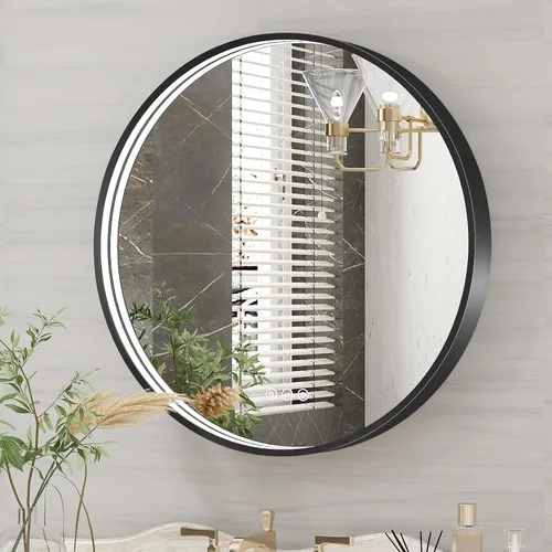 Miniatura 21 de Espejo de baño LED de 24x32 pulgadas con luces, espejo LED con marco de metal negro para baño, 3 colores y luz regulable sin escalones montada