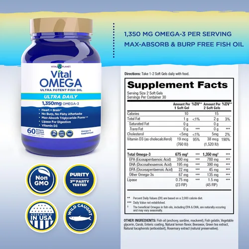 Miniatura 2 de Vital Planet - Suplemento diario de aceite de pescado Vital Omega 3 con 1350 mg de agua fría de alta potencia de 2 veces más fuerza y ácidos grasos