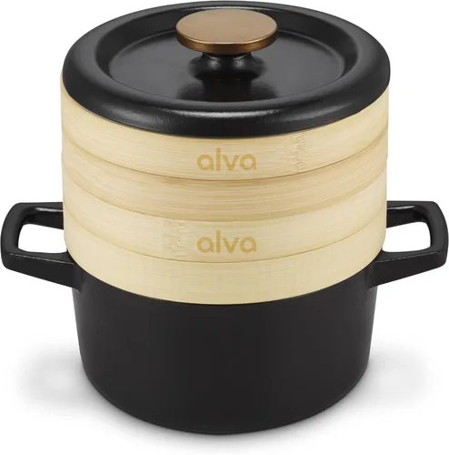 Alva Nori - Horno holandés de hierro fundido esmaltado de 2.5 cuartos de galón con vaporizadores - Incluye 2 insertos de vapor - Sin PTFE, PFOA,