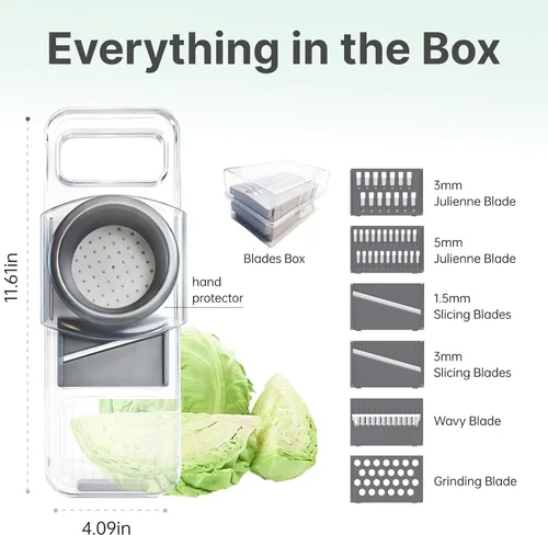 Miniatura 8 de ZKIRON Cortador de mandolina para cocina, cortador de verduras multifuncional 6 en 1 con cuerpo transparente y protector de mano seguro, rebanador