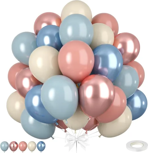 Globos Azul Polvoriento y Rosa, 50 piezas Globos Retro Rosa y Azul, Globo de Oro Rosa Metálico Claro para Niña Niño Fiesta de Cumpleaños Boho Baby