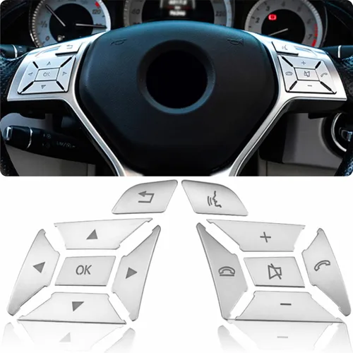 Moldura de botón del volante de automóvil Decoración interior Compatible con Mercedes Benz SL GL GLA CLA CLS GLK SLK A B C E M G Class - Plata Plata