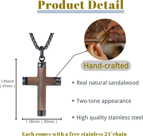 Miniatura 2 de Collar de cruz de madera para hombre, sándalo real con incrustaciones a mano collares de cruz para hombre, colgante de crucifijo de acero inoxidable