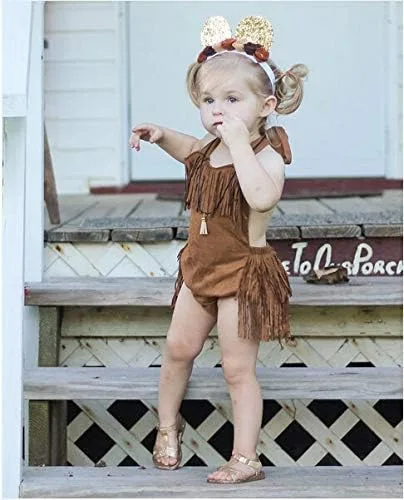 Miniatura 5 de Styles I Love Bebé Niña Verano Halter Fringe Ante Marrón Sunsuit Mameluco