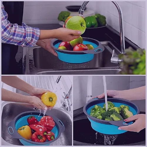 Miniatura 7 de Colador redondo de silicona azul plegable – Colador de cocina plegable pequeño colador plegable azul con asas de plástico para drenar verduras