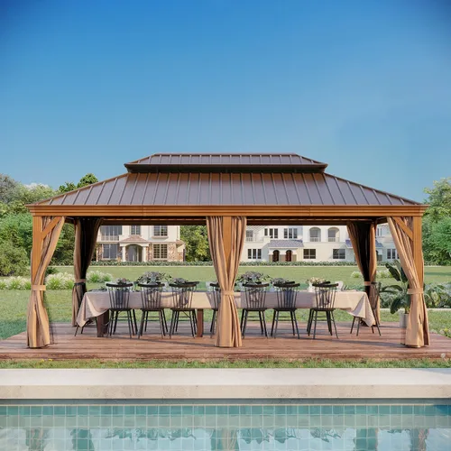 Miniatura 9 de Gazebo de techo rígido de 12 x 20 pies, kiosco de aluminio para exteriores, doble techo, acero galvanizado, acabado de madera, toldo recubierto
