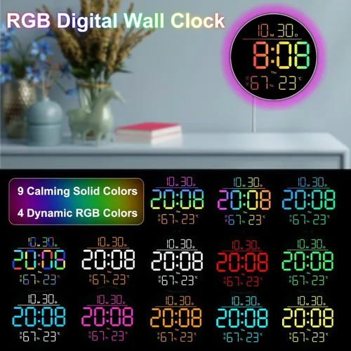 Miniatura 4 de QINFIEY Reloj de pared LED de 10 pulgadas con luz ambiental RGB, atenuación automática, pantalla de color/hora/fecha/temperatura/humedad, alarma