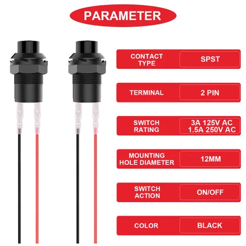 Miniatura 2 de 12 piezas de interruptor de botón de presión mini redondo negro de 12 mm con bloqueo automático AC 250 V 1.5 A 125 V 3 A encendido/apagado 2 pines