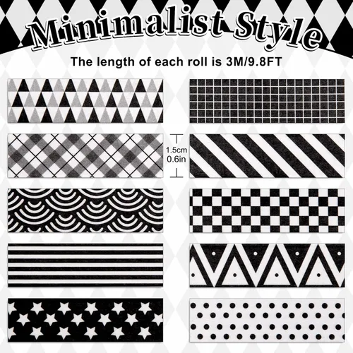Miniatura 2 de Whaline 10 rollos de cintas Washi de color blanco y negro a cuadros, rayas, estrellas, Washi, cinta adhesiva decorativa de patrón geométrico surtido