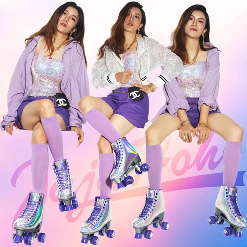 Miniatura 4 de JajaHoho Patines de ruedas para mujeres, piel sintética holográfica de alta calidad, patines brillantes de doble fila de cuatro ruedas para niñas