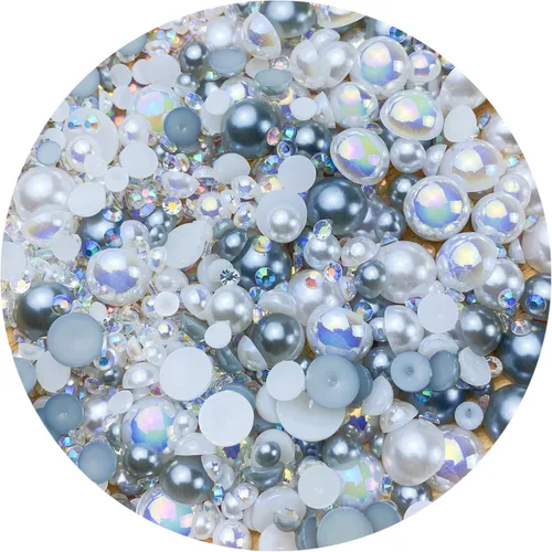 Miniatura 10 de Cuentas de resina mixta con diamantes de imitación y perlas semirredondas, 30 g, diamantes de imitación de parte trasera con perlas medias