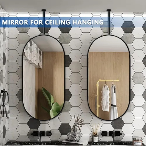Miniatura 6 de Espejo ovalado para colgar en el techo, espejo de baño negro para montar en la pared con barra para colgar en el techo, espejos de maquillaje
