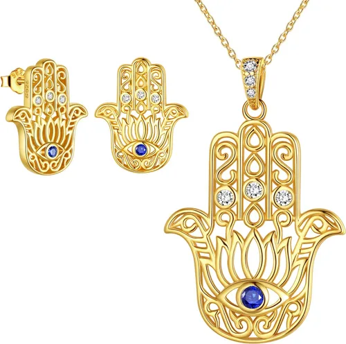 Anillo de ojo malvado de Hamsa Mano de Fátima con diseño de loto de yoga, pendientes y colgante de plata de ley 925, oro de 18 quilates, chapado en