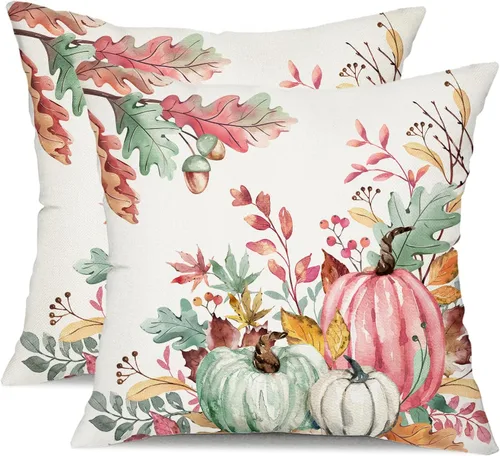 Miniatura 16 de DFXSZ Fundas de almohada de otoño de 16 x 16 pulgadas, juego de 2 fundas decorativas de otoño de hojas caídas de calabaza en acuarela azul y verde