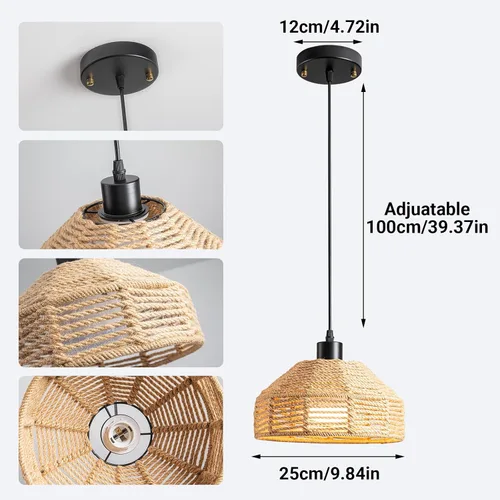 Miniatura 7 de Lámpara colgante a pilas con control remoto, lámpara colgante de batería, lámpara tejida de ratán sin necesidad de cableado, bombilla recargable