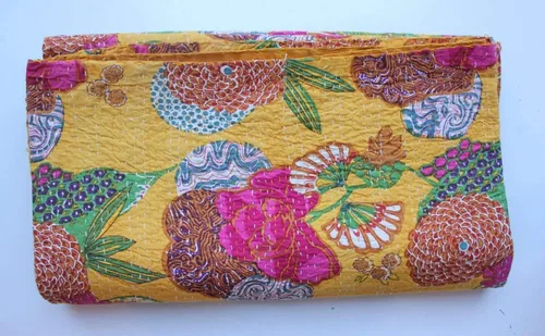 Miniatura 28 de Sophia-Art Colcha reversible de frutas indias para cama individual/king con patrón Gudri de algodón puro estilo Kantha, colcha decorativa con Rosa