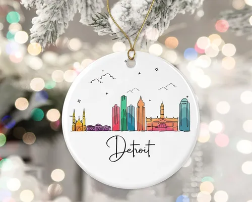 Adorno de la ciudad de Detroit, adorno de Navidad de Detroit City, adorno de Navidad de puntos de referencia, gráfico colorido del horizonte de la