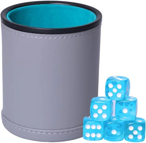 Miniatura 4 de Juego de tazas de dados de piel sintética y forro de fieltro, agitación silenciosa para juegos de dados Yahtzee Farkle Liars, incluye seis dados
