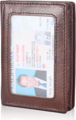 Bolsillo frontal con bloqueo RFID, minimalista, delgado, de cuero, plegable, para tarjeta de crédito, con ventana de identificación